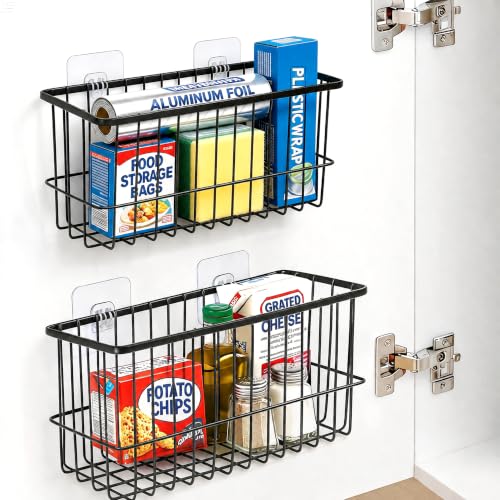 2 Pack Cabinet Door Organizer, Adhesive Wall Mounted Storage Basket for Food Container & Tumbler Lids, Kitchen Storage Organizer for Inside Cabinet Doors, Pantry, Bathroom, Refrigerator & RV - color: Black