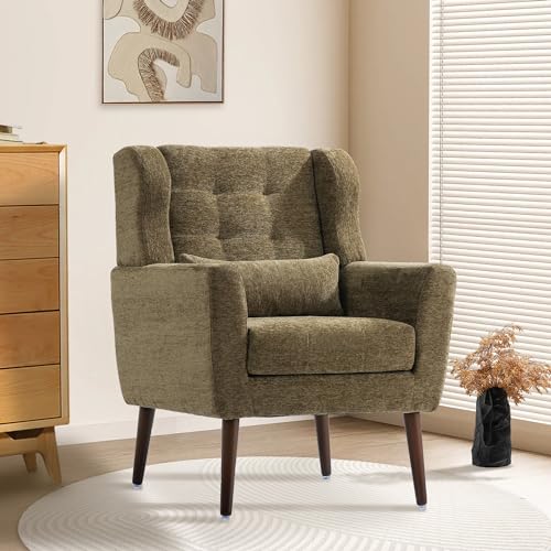 Modern Accent Chair, Upholstered Armchair with Pillow, Fabric Single Sofa Chair with Lounge Seat and Wood Legs Accent Chair for Living Room Bedroom Small Spaces (Avocado, Set of 1) - color: Avocado, size: Set of 1