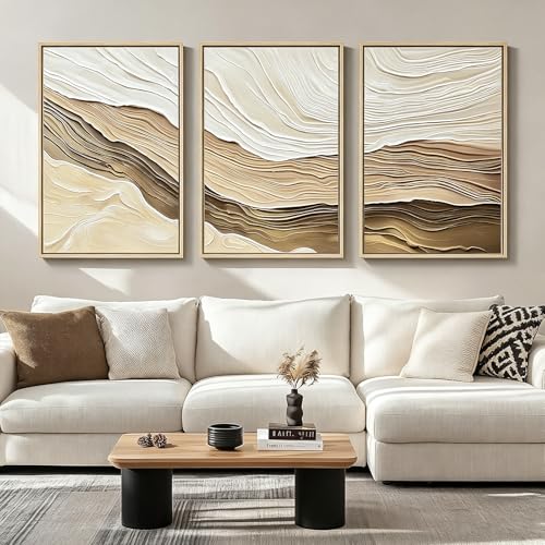 Large Framed Neutral Wave Texture Wall Art for Living Room, 3 Piece Modern Abstract Canvas Prints Paintings Artwork for Walls, Ready to Hang Art for Entryway Hallway Office Wall Decor 24x36 Inch - color: Light Brown