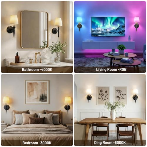 Battery Operated Wall Sconces Set of 2, Wireless Rechargeable Wall Lights with 12 RGB Colors and 3CCT Dimmable, Small Fabric LED Wall Lamps for Bedroom, Living Room, Hallway, Black Gold - color: Black Gold