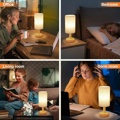 Rechargeable Cordless Touch Table Lamp with Stepless Dimming,Natural Wood Base&Linen Shade,Small Battery Wireless Ambient Night Light for Bedroom,Bedside,Nightstand,Nursery,Kitchen,Camping,Outdoor - size: Round - Cordless Touch - Set of 1