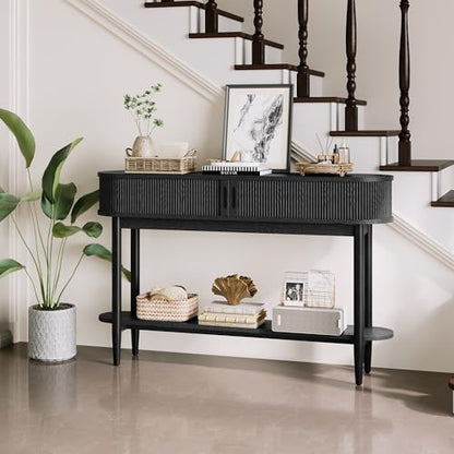 LINSY Fluted Console Table with Storage and Shelves, Black | Entryway Table, Wood Entrance, Behind Couch Sofa Table, Foyer Tables for Hallways, Living Room Boho Furniture, Narrow Long - color: Black
