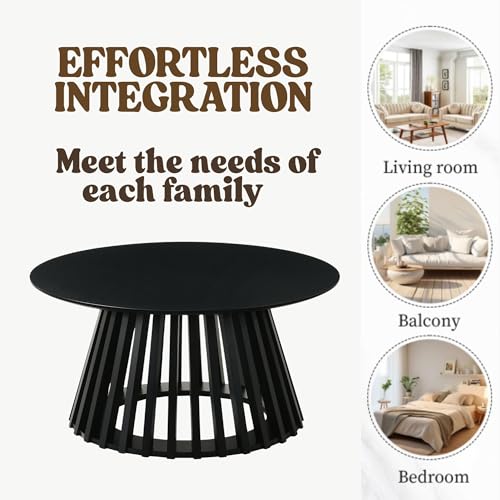 HNY Black Round Coffee Table, Wood 31.5" Center Table for Living Room | Modern Mid Century Circle Coffee Table with Fluted Base for Outdoor Patio, Home Small Space, Bedroom, Apartment, Studio - color: Black
