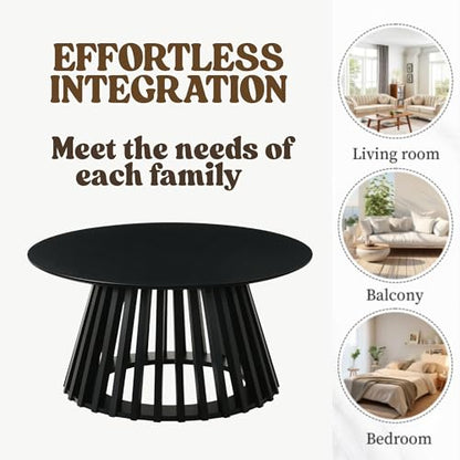 HNY Black Round Coffee Table, Wood 31.5" Center Table for Living Room | Modern Mid Century Circle Coffee Table with Fluted Base for Outdoor Patio, Home Small Space, Bedroom, Apartment, Studio - color: Black