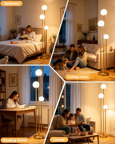 63IN 3-Light Dimmable Floor Lamp, Unique Gold Tall Standing Lamps with 3000K G9 Bulbs for Reading, Mid Century Modern Floor Lamp with 5Lbs Heavy Base for Living Room Bedroom Home Office - color: 3 Globe-Gold U