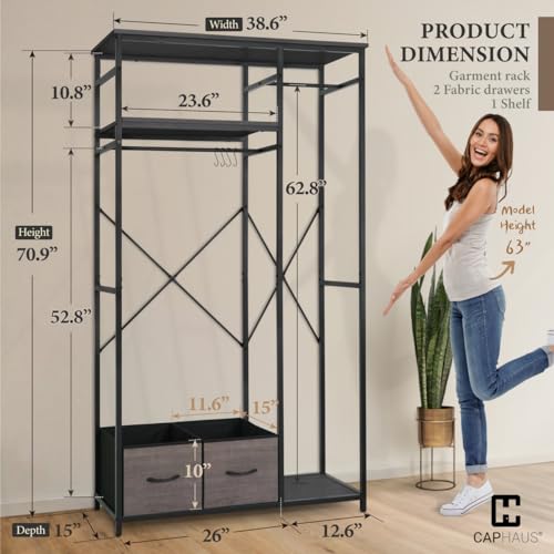 CAPHAUS 550lbs Capacity Garment Rack for Hanging Clothes, Heavy Duty Metal Open Wardrobe w/Hanging Rods & Drawers, Free Standing Closet Organizer, Metal Closet w/Wooden Boards, Black Vintage Board - color: Black, size: 40 Inch