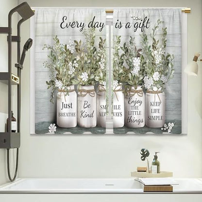 Green Leaves Eucalyptus Inspirational Kitchen & Bathroom Curtains - Rustic Flower Quotes, Farmhouse Floral Cafe Style - 27.5x39 Inch - color: A4 Green Botanical, size: 27.5"W x 39"L (Pack of 2)