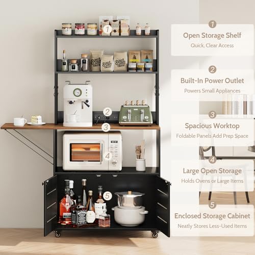 Bakers Rack with Power Outlet and Storage, 5-Tier Microwave Stand | Farmhouse Kitchen Hutch with Cabinet and Wheels, Coffee Bar with Foldable Side Table, Storage Shelves, 6 Hooks, Black - color: Black