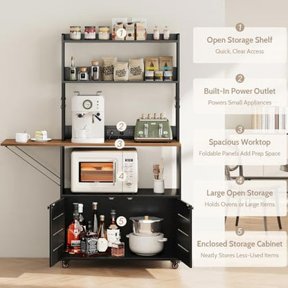 Bakers Rack with Power Outlet and Storage, 5-Tier Microwave Stand | Farmhouse Kitchen Hutch with Cabinet and Wheels, Coffee Bar with Foldable Side Table, Storage Shelves, 6 Hooks, Black - color: Black