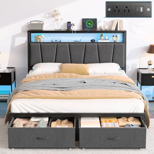 FreeHouse Full Size Bed Frame with Storage Headboard & 2 Drawers,Grey | Upholstered Full bed frame with Charging Station & LED Light, Fabric Drawers,Metal Slats, No Box Spring Needed, Noise-Free - color: Grey, size: Full