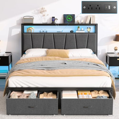 FreeHouse Full Size Bed Frame with Storage Headboard & 2 Drawers,Grey | Upholstered Full bed frame with Charging Station & LED Light, Fabric Drawers,Metal Slats, No Box Spring Needed, Noise-Free - color: Grey, size: Full