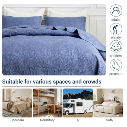 SheRest Full Quilt Bedding Set - Grayish Blue Soft Breathable Bed Quilts, Modern Style Embossed Bedspreads, Lightweight Microfiber Reversible Coverlet for All Seasons-3 pieces (1 Quilt,2 Pillow Shams) - color: Grayish Blue, size: Full (80" x 90")