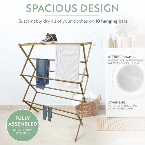 BROOKSTONE, Eco-Friendly Bamboo Drying Rack, Collapsible Laundry Clothes Hanger, 10 Hanging Bars, Minimalist Space Saving Design