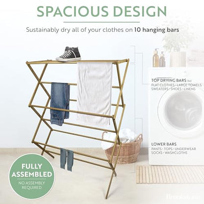 BROOKSTONE, Eco-Friendly Bamboo Drying Rack, Collapsible Laundry Clothes Hanger, 10 Hanging Bars, Minimalist Space Saving Design