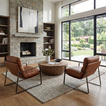 LukeAlon Modern PU Leather Accent Armchair, Brown | Pu Leather Upholstered Living Room Chair With Brass Frame & Thickened Cushion, Comfy Single Lounge Sofa for Bedroom, Office - color: Brown-lychee Grain