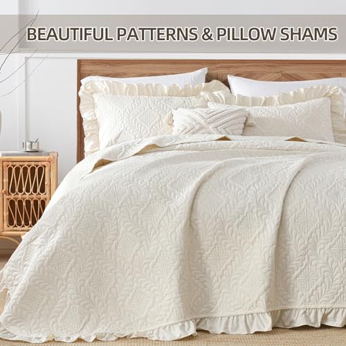 DJY Quilt King Size Bedding Sets, Beige Ruffled Bedspread Coverlet | Lightweight Summer Soft Microfiber Bedspread, Bedding Coverlet for All Seasons (1 Quilt, 2 Pillow Shams) - color: Beige, size: King
