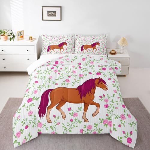Feelyou Girls Horse Comforter Kids Cartoon Farmhorse Floral Comforter Set for Toddler Baby Girl Pink Blue Stripe Bedding Set Breathable Spirit Horse Animal Duvet Set Room Decor Quilt Set Twin Size - color: Multi 017, size: Twin