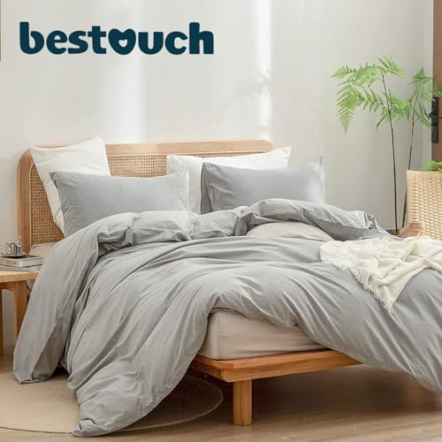 BESTOUCH Cotton Solid Duvet Cover Set Linen Feel Light Grey Alaska King | 100% Washed Cotton, Soft Wrinkle Texture, Hidden Zipper, 8 Ties, Breathable Lightweight Durable Comfy, 3 Pcs No Insert - color: Light Grey (No Comforter), size: Alaska King (132" X