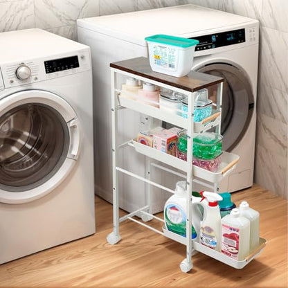 5 Tier Slim Storage Cart Metal Gap Filler with Wood Top White | Slim rolling cart fits 8" laundry gaps. Features a solid wood top for heavy detergents and breathable PP mesh drawers - color: White