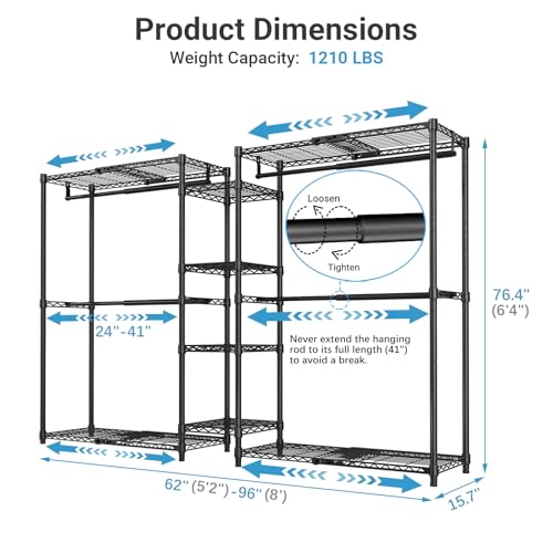 VIPEK X3 Expandable Heavy Duty Clothes Rack Closet Organizer System Black | Large Freestanding Clothing Rack with Adjustable Shelves and Hanger Rods from 5'2" to 8', Reach-in & Walk-in Closet 1210LBS - color: Black, size: X3