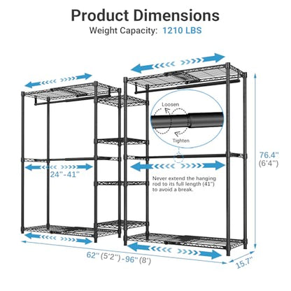 VIPEK X3 Expandable Heavy Duty Clothes Rack Closet Organizer System Black | Large Freestanding Clothing Rack with Adjustable Shelves and Hanger Rods from 5'2" to 8', Reach-in & Walk-in Closet 1210LBS - color: Black, size: X3