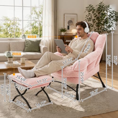 Lazy Chair with Ottoman, Modern Skinny Lounge Chair with Footrest | Foldable Footrest, Padded & Backrest with Side Pocket, Comfy Accent Reading Chair for Living Room & Small Spaces, Pink - color: Pink