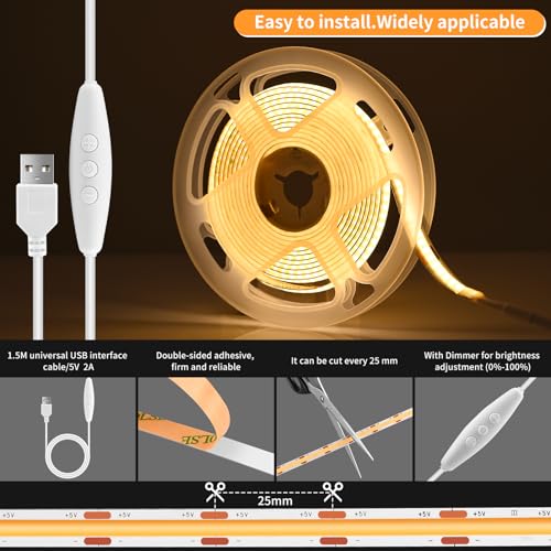 Meliya COB LED Strip Light, 5V USB LED Strip Light, 6.6ft Bright Daylight White Flexible Dimmable Light Strip for Display Cabinet, Living Room, TV Cabinet, Mirror, Kitchen Cabinet, Bedroom