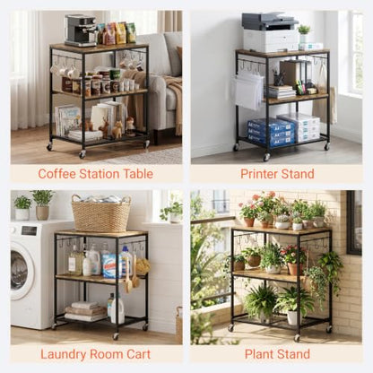 Microwave Stand with Storage, Rolling Bakers Rack, Kitchen Island Cart | 3 Tier, Lockable Wheels, 6 Hooks, 240LBS Load, Waterproof Wooden Board, Metal Frame, for Toaster, Coffee Makers, Ovens