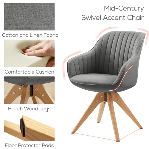 Swivel Desk Chair for Home Office, Fabric, Grey | No Wheels, Beech Wood Legs, Mid Century Modern, Upholstered, 360° Swivel, Accent Chair, Living Room, Bedroom - color: Grey/Beech Wood, size: Fabric