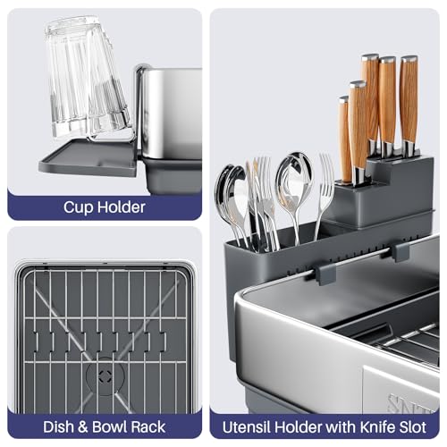 SNTD 304 Stainless Steel Dish Drying Rack for Small Kitchen Counter, Grey | Rustproof, Large Capacity, Heavy-Duty Frame, Rotating Spout, Angled Drainboard, Removable Cup & Utensil Holder - color: Gray