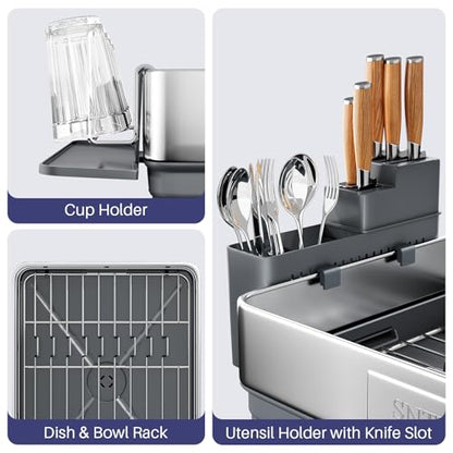 SNTD 304 Stainless Steel Dish Drying Rack for Small Kitchen Counter, Grey | Rustproof, Large Capacity, Heavy-Duty Frame, Rotating Spout, Angled Drainboard, Removable Cup & Utensil Holder - color: Gray