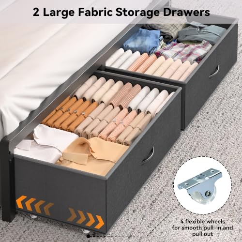 FreeHouse Full Size Bed Frame with Storage Headboard & 2 Drawers,Grey | Upholstered Full bed frame with Charging Station & LED Light, Fabric Drawers,Metal Slats, No Box Spring Needed, Noise-Free - color: Grey, size: Full