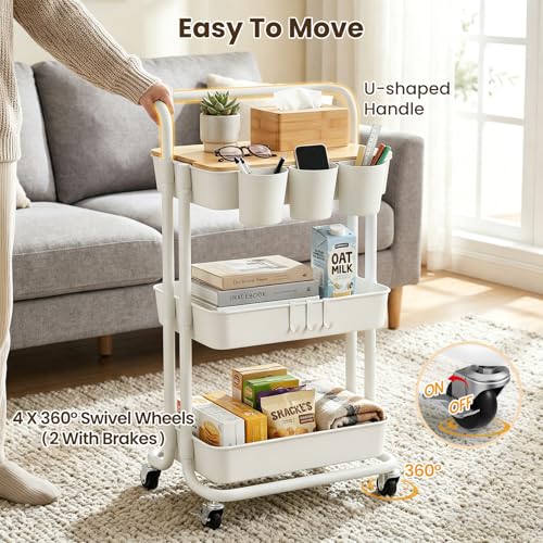 3 Tier Rolling Cart with Table Top, Utility Cart with Lockable Wheel | Hooks & Cup Holders, Multifunctional Rolling Storage Cart for Kitchen, Bathroom, Office, Bedroom, Craft, Living Room (White) - color: White