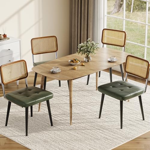 Garvee Rattan Dining Chairs Set of 4, Upholstered Dining Room Chairs with Rattan Backrest, Armless Side Chairs for Kitchen Living Room, Restaurant, PU Leather, Dark Green | Upholstered Kitchen Chairs with Rattan Backrest, Armless Side Chairs for Kitchen,
