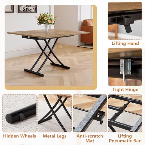 Adjustable Height Coffee Table, Folding Dining Table, Light Wood | Convertible lift top table for use as a coffee table, dining table, home office desk or vanity - color: Light Wood & Black Legs