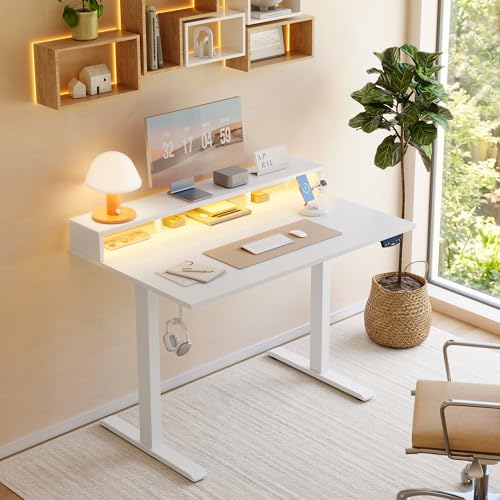 Klicelor Electric Standing Desk with Shelf, 48 Inch Height Adjustable Desk with Power Outlets & LED, Sit Stand Up Table with Monitor Stand, Computer Workstation for Home Office, White - color: White, size: 48 x 24 Inches with led and power strips