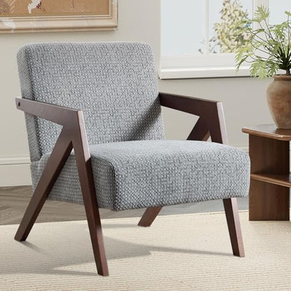 Bonzy Home Mid-Century Modern Accent Chair with Solid Wood Frame, Upholstered Armchair for Bedroom & Living Room,Reading Side Chair with Soft Lien Fabric Cushion,Easy Assembly - color: Light Gray, size: 1PCS