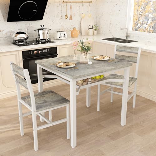 Hooseng 3 Piece Dining Table Set for 2, Small Wooden Kitchen Table with Storage, Farmhouse Square Dinette Set for Dining Room, Breakfast Nook, Apartment, Small Space - color: Grey