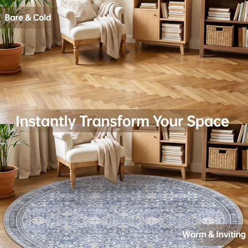 Sasttie Round Rug 8ft, Ultra-Soft Washable Rug for Living Room, Blue | 8 feet Thin Carpet for Apartment & Bedroom, Low-Pile Faux Cashmere, Non-Slip Backing, Skin-Friendly, Stain Resistant - color: Blue, size: 8' (Round)