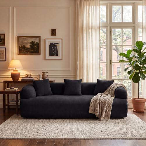91" Boneless Couch,Cloud Couch,Chenille Curved Sofa with 3 Seater and 3 Pillows, Modern Compression Sofa for Living Room, Bedroom and Apartment, No Assembly Required, Black - color: Black, size: 91''