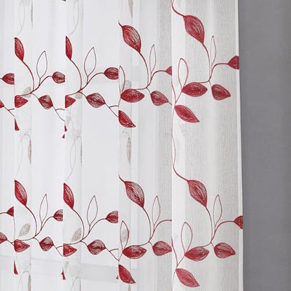 Tollpiz Burgundy Red Leaf Sheer Tier Curtain Kitchen 30 x 36 Inches | Leaves Embroidered Curtains Rod Pocket Voile Bathroom Window Treatment for Cafe, Set of 2 Panels - color: Burgundy Red, size: 30"W x 36"L (Pack of 2)