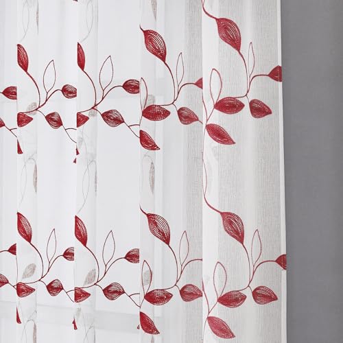 Tollpiz Burgundy Red Leaf Sheer Tier Curtain Kitchen 30 x 36 Inches | Leaves Embroidered Curtains Rod Pocket Voile Bathroom Window Treatment for Cafe, Set of 2 Panels - color: Burgundy Red, size: 30"W x 36"L (Pack of 2)