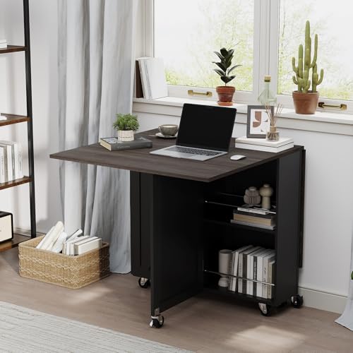Folding Dining Table for 2-6, Easy Assembly, Dark Brown+Black | 52.7" Folding Dining Table with 6 Wheels, Drop Leaf Table with Drawers, Shelves and Wine Rack for Small Spaces - color: Dark Brown