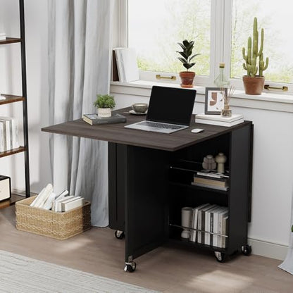 Folding Dining Table for 2-6, Easy Assembly, Dark Brown+Black | 52.7" Folding Dining Table with 6 Wheels, Drop Leaf Table with Drawers, Shelves and Wine Rack for Small Spaces - color: Dark Brown