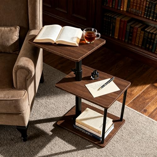 Faesun Swivel Side Table for Couch Arm, Height Adjustable C Shaped End Table for Recliner or Bed, Tv Trays with Storage Shelf for Small Spaces- Small Nightstand for Living Room, Bedroom - color: Walnut, size: Standard