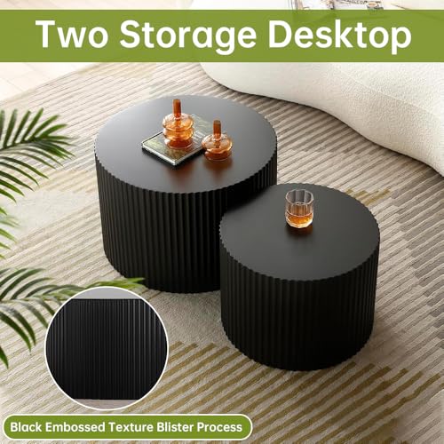 18 inch Round Black Fluted Nesting Coffee Table Set of 2, C Small | Spray Painting Finish, For Living Room, Mid-Century Modern Style, Nestable Design, Nested Side Table, For Small Spaces - color: C Small