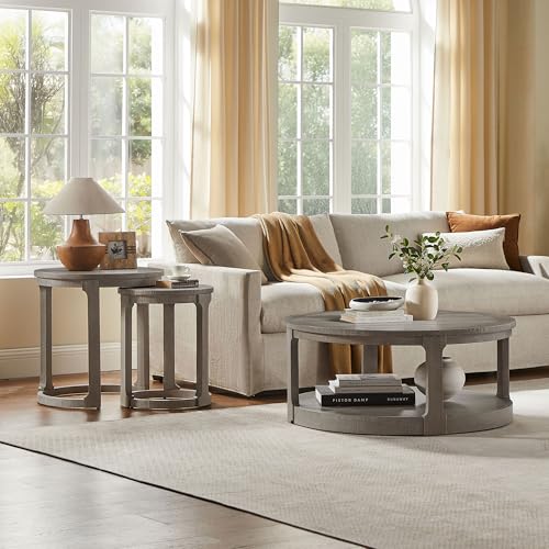 Round Nesting Coffee Table Set of 3, Mid Century Rustic Farmhouse Solid Wood Coffee Tables Center Table for Living Room Apartment, ø40 + ø24 + ø17.56 (Light Brown) - color: 40"+24"+17.56" Light Brown