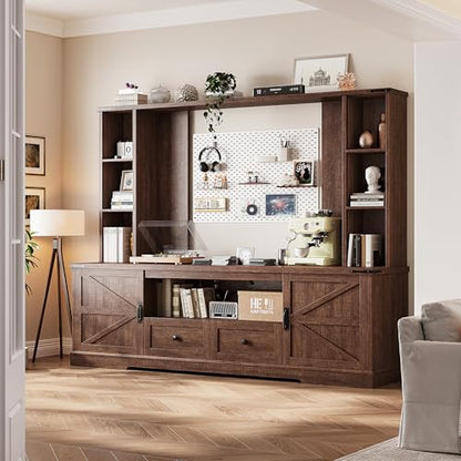 EnHomee Farmhouse Entertainment Center for 60" TV with LED & Power Outlets | Tall TV Console Wood TV Stand with Storage Shelves,Bookshelf for Living Room, Bedroom, Brown - color: Rustic Brown