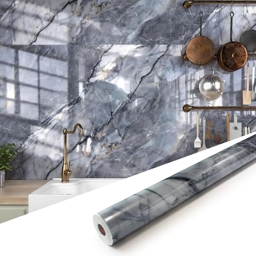 Marble Peel and Stick Waterproof Wall Paneling, 118" x 47" Pietra Grey Glossy Finish Self-Adhesive Backsplash Tile Vinyl Wall Panel for Kitchen Bathroom Wall Decor, Covers 38.75 Sq. Ft. - color: Glossy Pietra Grey