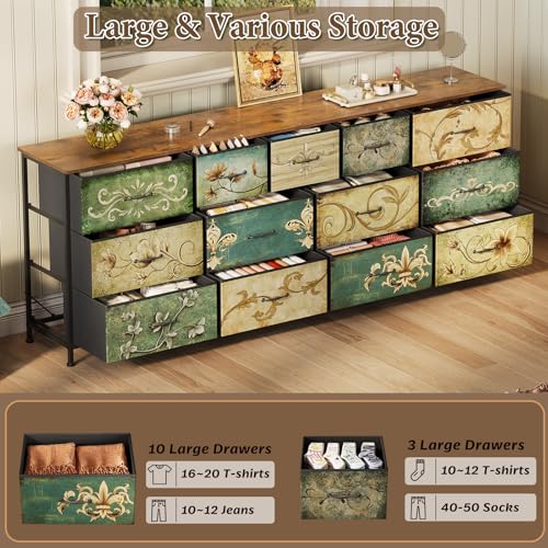 Dresser for Bedroom Chest of Drawers Fabric Dresser for Closet, Nursery Entryway Hall Tree TV Stand for Living Room Retro Floral Pattern Wooden Top (13 Drawers) - size: 13"D x 70.9"W x 26.8"H (13 Drawers)